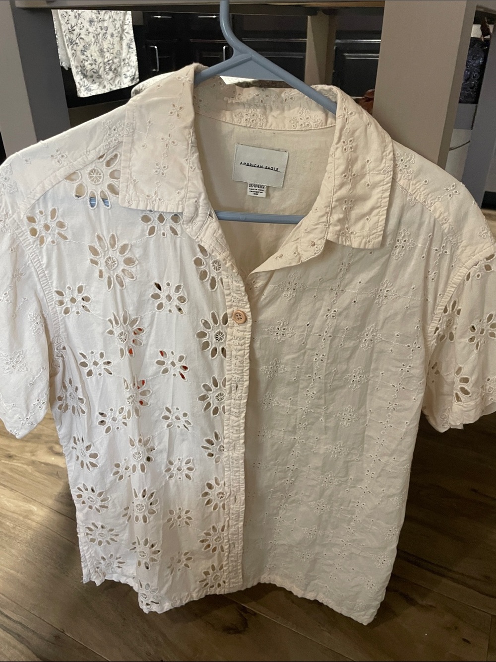 American Eagle Outfitters Cream Eyelet Short Sleeve Button-Down Blouse